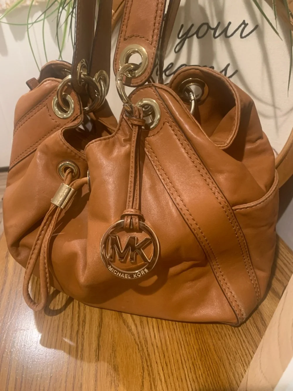 Michael Kors Ludlow Cognac Leather Drawstring Shoulder Bag with Gold Accents - Picture 2 of 16